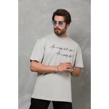 Venera Butik Unisex Bisiklet Yaka Baskılı Oversize T-Shirt - Gri