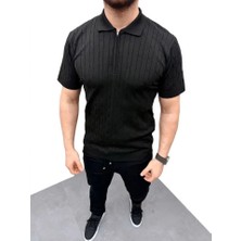 Venera Butik Erkek Yazlık Triko Saç Örgü Tişört Kısa Kol Polo Yaka Fermuarlı T-Shirt - Siyah