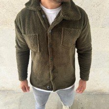 Deluxe Takı ve Giyim Erkek Pelüş Polar Hırka Gömlek – Yakalı, Ilik Düğmeli, Göğüs Cepli, Yumuşak Dokulu Kışlık Regular Fit Rahat Günlük Model - Haki