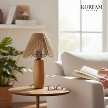 KorFam Rosalinda Abajur - Kahverengi Hasır El Yapımı Bohem Çiçek Şekilli Ahşap Ayaklı Rustik Abajur