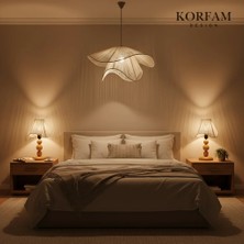 KorFam BREEZE Modeli - Avize & Abajur Set - Hasır El Yapımı Bohem Avize 2'li Ahşap Ayaklı Rustik Abajur Set - Beyaz
