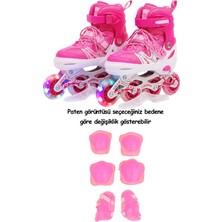 Premini Pembe Ayarlanabilir Işıklı Alıştırma Pateni ve Dizlik Dirseklik Seti