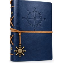CoverZone Vintage Pusula Motifli Pu Deri A6 Defter, Çizgisiz Kraft Sayfalı, Yeniden Doldurulabilir Halkalı Retro Ajanda, Seyahat Günlüğü, Travel Journal, Not ve Anı Defteri, 21712-13