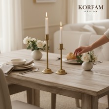 KorFam Dekoratif Pirinç Eskitme Gold 2'li Şamdan Mumluk Seti