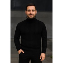 Deluxe Takı ve Giyim Erkek Balıkcı Yaka Bağazlı Triko Kazak Pamuklu Kalın Fitilli Dokuma, Regular Fit Uzun Kollu Kışlık Model - Siyah