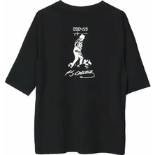 De'charme Unisex Bisiklet Yaka Baskılı Oversize T-Shirt - Siyah