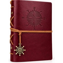 CoverZone Vintage Pusula Motifli Pu Deri A6 Defter, Çizgisiz Kraft Sayfalı, Yeniden Doldurulabilir Halkalı Retro Ajanda, Seyahat Günlüğü, Travel Journal, Not ve Anı Defteri, 21712-13