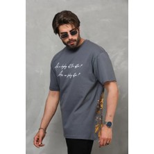 De'charme Unisex Bisiklet Yaka Baskılı Oversize T-Shirt - Füme
