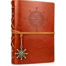 CoverZone Vintage Pusula Motifli Pu Deri A6 Defter, Çizgisiz Kraft Sayfalı, Yeniden Doldurulabilir Halkalı Retro Ajanda, Seyahat Günlüğü, Travel Journal, Not ve Anı Defteri, 21712-13