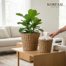 KorFam El Yapımı Dekoratif Bohem 2'li Hasır Sepet & Saksı Seti