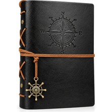 CoverZone Vintage Pusula Motifli Pu Deri A6 Defter, Çizgisiz Kraft Sayfalı, Yeniden Doldurulabilir Halkalı Retro Ajanda, Seyahat Günlüğü, Travel Journal, Not ve Anı Defteri, 21712-13