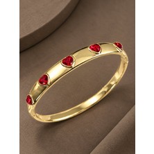 Serelya Pirinç Zirkon Taşlı Kırmızı Kalp Model Gold Renk Kadın Kelepçe