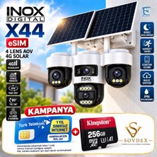 Inox X44 4 Lens 4g Solar Güvenlik Kamerası Esım 355° 360° Dönüş 256GB Kingston + 1 Yıl Sınırsız Internet Kampanyası