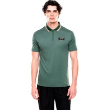 Erkek Rahat Jarse Kumaşlı Yarım Fermuarlı Kontrast Renk Şeritli Yeşil Polo Yaka T-Shirt 7M001333 AF13739-U7260
