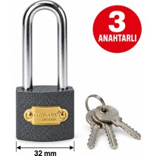 Bay-Tec 32 mm Uzun Kancalı Metal Asma Kilit 3 Anahtarlı – Dolap Kapı Depo Bavul Kilidi