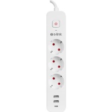 Vionna S-Link SPG03TC 2 USB +1type C 5V2.4A 1.5m 3X1.00MM 100% Bakır 750 Joule 3 Lü Anahtarlı Akım Korumalı Beyaz Priz