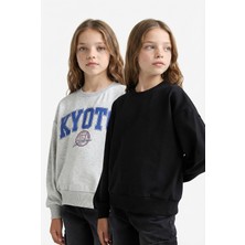 Defacto Relax Fit Bisiklet Yaka Baskılı 2'li Sweatshirt Kız Çocuk E6473A825AU