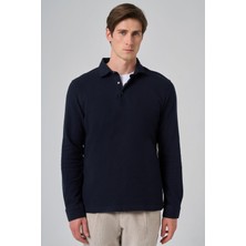 Morven Erkek Lacivert Pamuk Trend Ağaç Kabuğu Desen Dinamik Fit Polo Yaka Sweat-Shirt