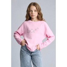 Defacto Oversize Geniş Kalıp Bisiklet Yaka Taşlı Sweatshirt Kız Çocuk G2463A825WN