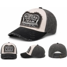 Vionna Motors Racing Team Logolu Eskitme Trucker Şapka, Vintage Tasarım, Siyah ve Krem Rengi, Ayarlanabilir Kemer Tokası