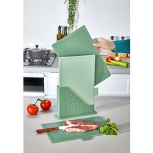 Vionna Moi 4 Parça Plastik Kesme Tahtası Seti, Standlı, Renkli, Hijyenik, Kaymaz 3 Adet Gıda Hazırlama Tahtası 31X20 cm Sebze Et Balık Kesim Tahtası, Mutfak Düzenleyici Organizer