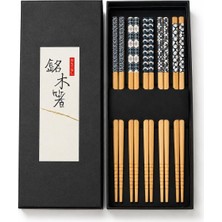 Die Grup Valkyrie 5 Çift Doğal Ahşap Yemek Çubuğu Seti Japon Desenli Kaymaz Uçlu Kutulu 22,5cm Chopstick Seti