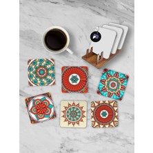 Vionna Postermanya (PSTER21257) Etnik Mandala Desenli Standlı Ahşap Bardak Altlığı Seti, 6 Adet Baskılı Bardak Fincan Kahve Altlığı