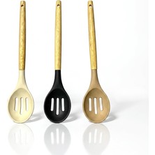 Vionna Deconox 30 cm Bambu Saplı Silikon Delikli Servis Kaşığı, Asorti Renkli Mutfak Servis Kaşığı, Krem Siyah Bej Renk Seçenekli, Delikli Kaşık, Salata Makarna Sebze Servis Aparatı, Yapışmaz Yüzeylere Uygun