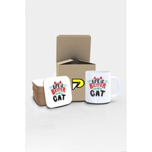 Vionna Postermanya Life Is Better With A Cat Yazılı Tipografik Kedi Tasarımlı Baskılı Kupa Bardak Seti, Eğlenceli Özel Hediye Mug