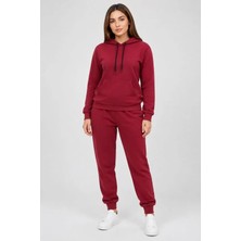 Trend Cojans Iki Iplik Kapüşonlu Kanguru Cepli Jogger Alt Üst Eşofman Takımı - Bordo