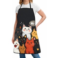 Vionna Valkyrie Kedi Desenli Mutfak Önlüğü Cepli Ayarlanabilir Askılı Unisex Mutfak Temizlik Önlüğü Siyah
