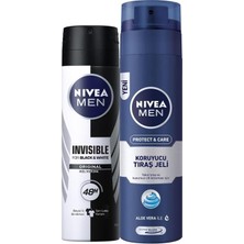 Vionna Nıvea Men Erkek Sprey Deodorant Black&white Invisible Original 48 Saat Anti-Perspirant Koruma 150ML ve Nıvea Men Protect&care Tıraş Jeli 200ML, Kuru Ciltler Için, Pürüzsüz Tıraş