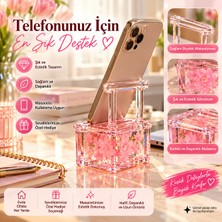 Haneliya Dekoratif Pembe Telefon Tutucu Stand – Şeffaf Çiçek Detaylı Masaüstü Telefon Desteği