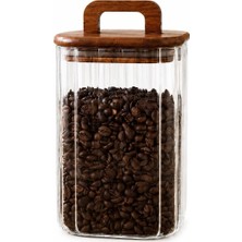 Vionna 1100 ml Kare Line Cam Kavanoz Ahşap Kapaklı Kulplu Saklama Kabı