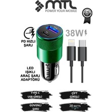 Vionna Mtl Araç Şarj Aleti Çakmaklık 38W Lightning |type-C + USB Çift Portlu - Qualcomm Qc 4.0 Desteği MT-A1834 Yeşil ile Uyumlu