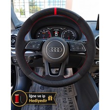 Hasakman Audi Q5 Dikme Direksiyon Kılıfı Alcantara Süet Mat Karbon Kırmızı Yüzük ve Dikiş 2017-2020