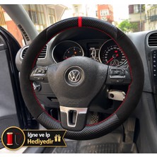 Hasakman Vw Touran 1 Dikme Direksiyon Kılıfı Alcantara Süet Mat Karbon Kırmızı Yüzük ve Dikiş 2010-2015