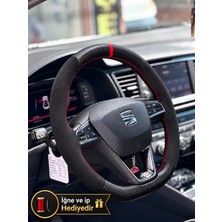 Hasakman Seat Toledo Mk4 Dikme Direksiyon Kılıfı Alcantara Süet Mat Karbon Kırmızı Yüzük ve Dikiş 2018-2019