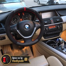 Hasakman Bmw X6 E71/E72 Dikme Direksiyon Kılıfı Alcantara Süet Mat Karbon Kırmızı Yüzük ve Dikiş 2008-2014