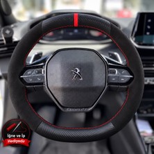 Hasakman Peugeot Partner Dikme Direksiyon Kılıfı Alcantara Süet Mat Karbon Kırmızı Yüzük ve Dikiş 2021-2024