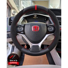Hasakman Honda Accord Mk9 Dikme Direksiyon Kılıfı Alcantara Süet Mat Karbon Kırmızı Yüzük ve Dikiş 2013-2017