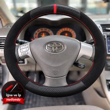 Hasakman Toyota Corolla Runx Dikme Direksiyon Kılıfı Alcantara Süet Mat Karbon Kırmızı Yüzük ve Dikiş 2004-2006