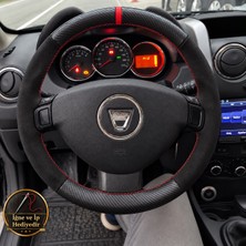 Hasakman Dacia Sandero Dikme Direksiyon Kılıfı Alcantara Süet Mat Karbon Kırmızı Yüzük ve Dikiş 2012-2016