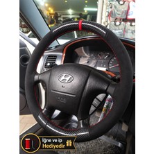 Hasakman Hyundai Sonata Ef Dikme Direksiyon Kılıfı Alcantara Süet Mat Karbon Kırmızı Yüzük ve Dikiş 2001-2005