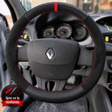 Hasakman Renault Scenic 3 Dikme Direksiyon Kılıfı Alcantara Süet Mat Karbon Kırmızı Yüzük ve Dikiş 2009-2016