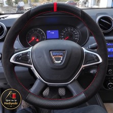 Hasakman Dacia Dokker Dikme Direksiyon Kılıfı Alcantara Süet Mat Karbon Kırmızı Yüzük ve Dikiş 2017-2021