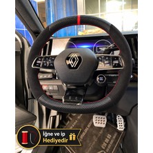 Hasakman Renault Scenic E-Tech Dikme Direksiyon Kılıfı Alcantara Süet Mat Karbon Kırmızı Yüzük ve Dikiş 2024-2026