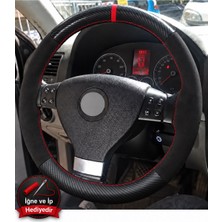 Hasakman Vw Golf 5 Dikme Direksiyon Kılıfı Alcantara Süet Mat Karbon Kırmızı Yüzük ve Dikiş 2003-2008