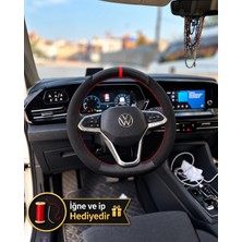 Hasakman Vw Tiguan 3 Dikme Direksiyon Kılıfı Alcantara Süet Mat Karbon Kırmızı Yüzük ve Dikiş 2024-2026