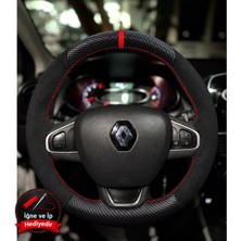 Hasakman Renault Lutecia 4 Dikme Direksiyon Kılıfı Alcantara Süet Mat Karbon Kırmızı Yüzük ve Dikiş 2013-2019